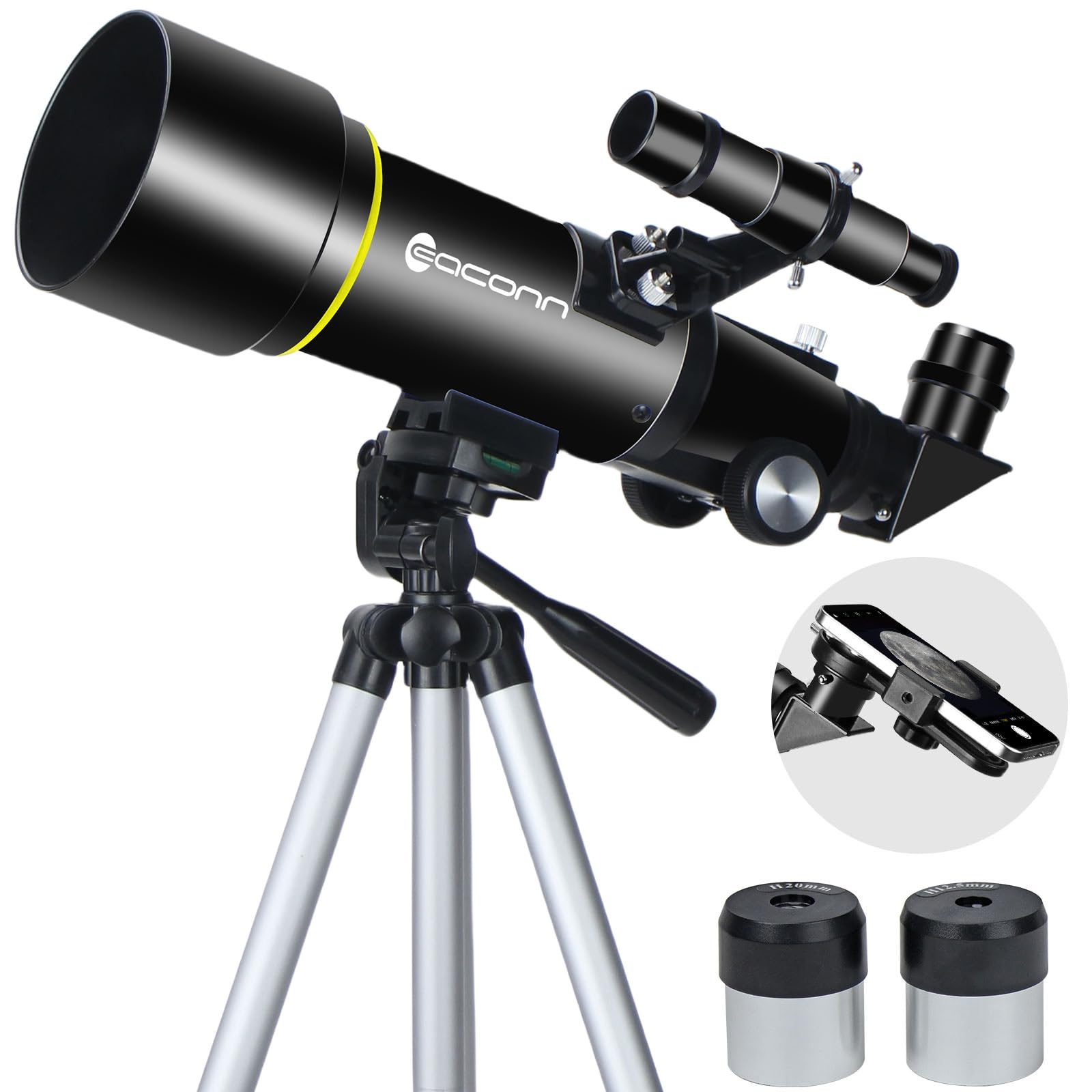 망원경, 어린이 및 성인용 초보자용 망원경, 70mm 조리개 400mm 초점 길이 굴절 여행 망원경, 달 및 풍경 관찰용 AZ 마운트 포함 - 블랙
