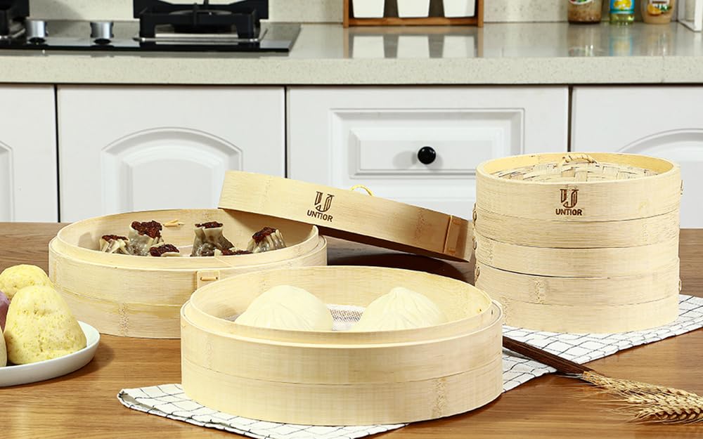 Handgefertigter 17,8 cm Bambus-Dampfkorb mit wiederverwendbaren Baumwolleinsätzen, Mehrzweck-Dampfgarer, 2-stöckig, Dampfgarer zum Kochen von Gemüse, Dim Sum, Bao-Brötchen, Fischfleisch (17,8 cm – 2