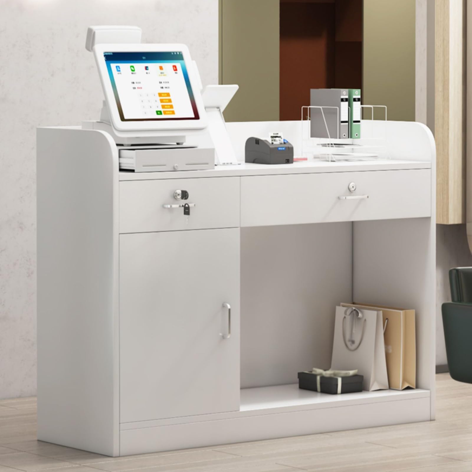 Moderner Empfangstisch mit abschließbarer Schublade, kompakter Thekentisch für Salon, Büro oder Lobby, stilvolles braunes Finish, 60 cm