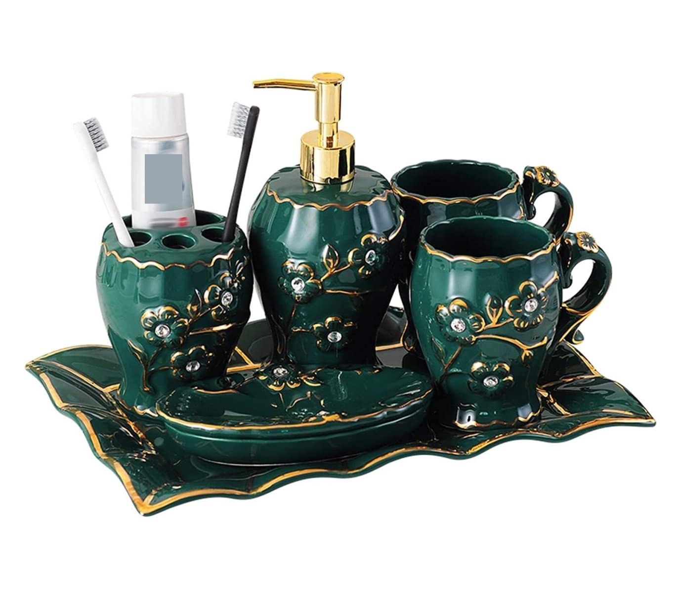 Set de Baño Juego de Accesorios de Baño Juego De Accesorios De Baño Juego De Baño De Cerámica Con Patrón En Relieve De Lujo Verde Oscuro Para Regalo De Inauguración De La Casa Juego de Baño Accesorios