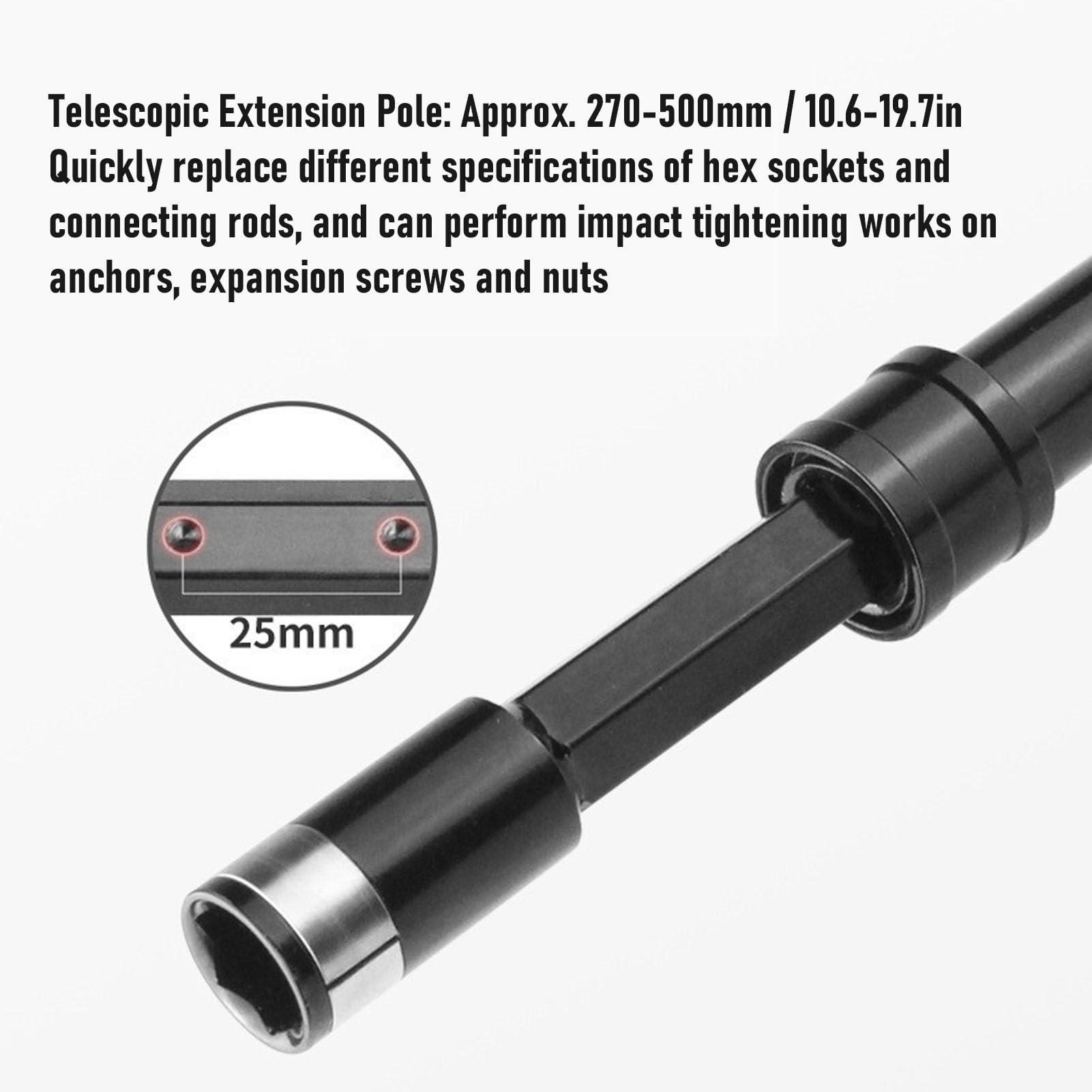 Juego de Llaves de Impacto, Kit de Llaves de Vaso con Vástago Hexagonal, Adaptador de Taladro con Telescópico de 270-500 Mm para Nivelación de Techos, Construcción y Mantenimiento del Hogar