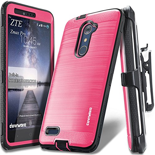 COVRWARE [Iron Tank] case Compatible with ZTE ZMAX PRO/ZTE Carry, with Built-in [Screen Protector] Full-Body Rugged Holster Armor Case [Brushed Metal Texture Design][Belt Clip][Kickstand], Pink