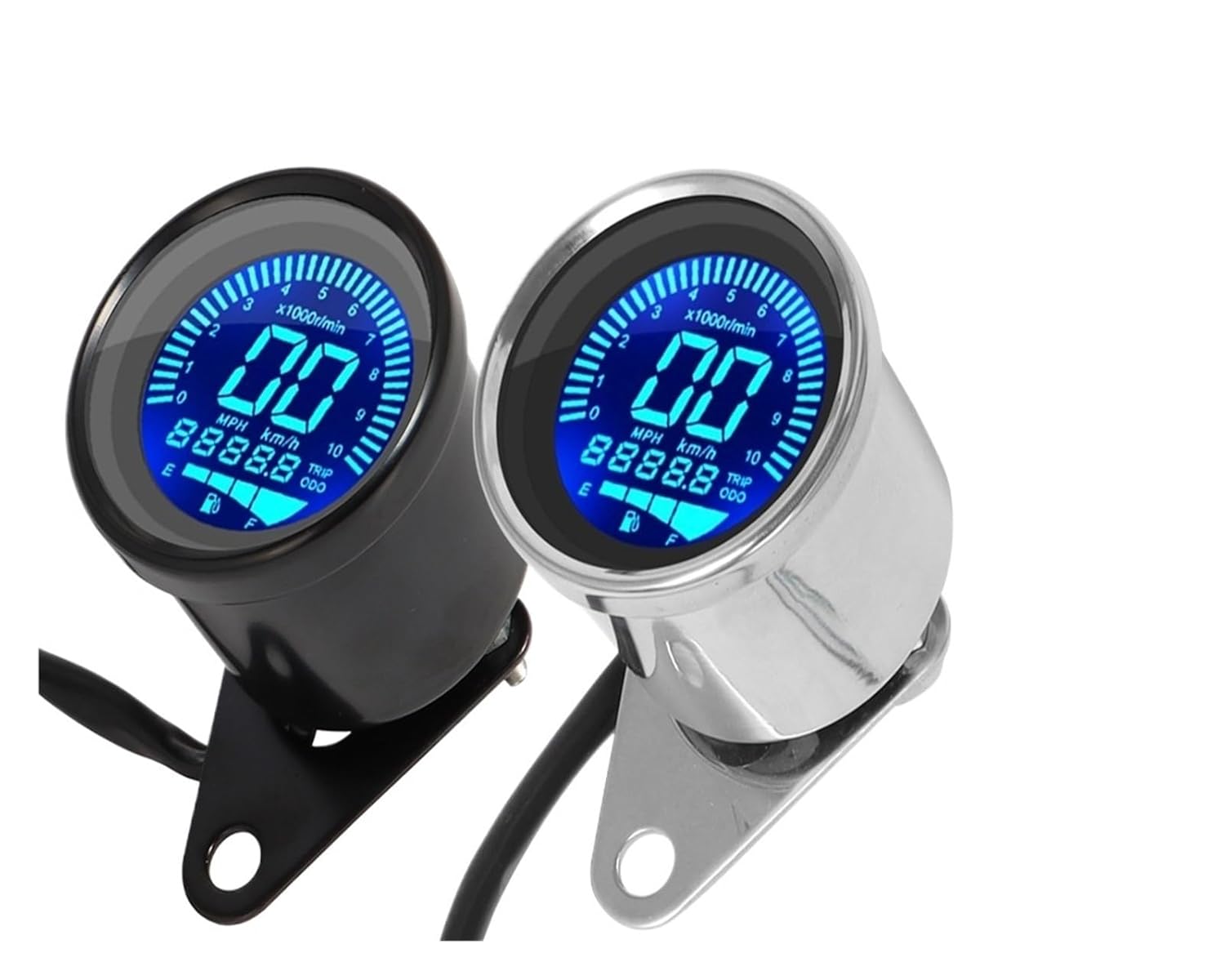 Universal Digital Motorcycle LCD Screen Speedometer Odometer Techometer Fuel Gauge for Harley Honda Cafe Racer 1-4 Cylinders(Chrome)