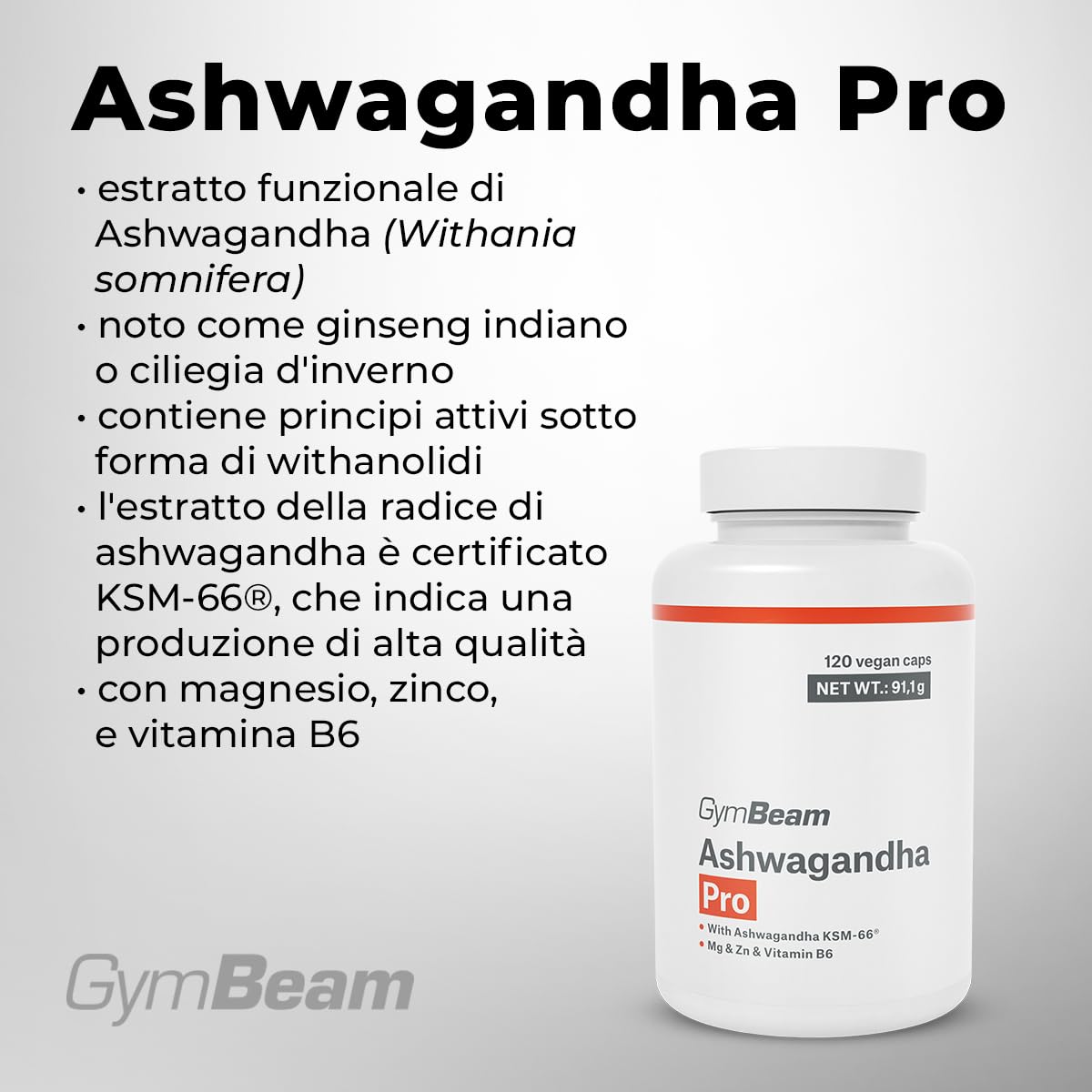 GymBeam Ashwagandha Pro in Capsule, Estratto Vegetale di Ginseng Indiano, Adattogeno per la Salute Mentale e il Sonno, con Magnesio, Zinco e Vitamina B6, Ricco di Withanolidi e KSM-66