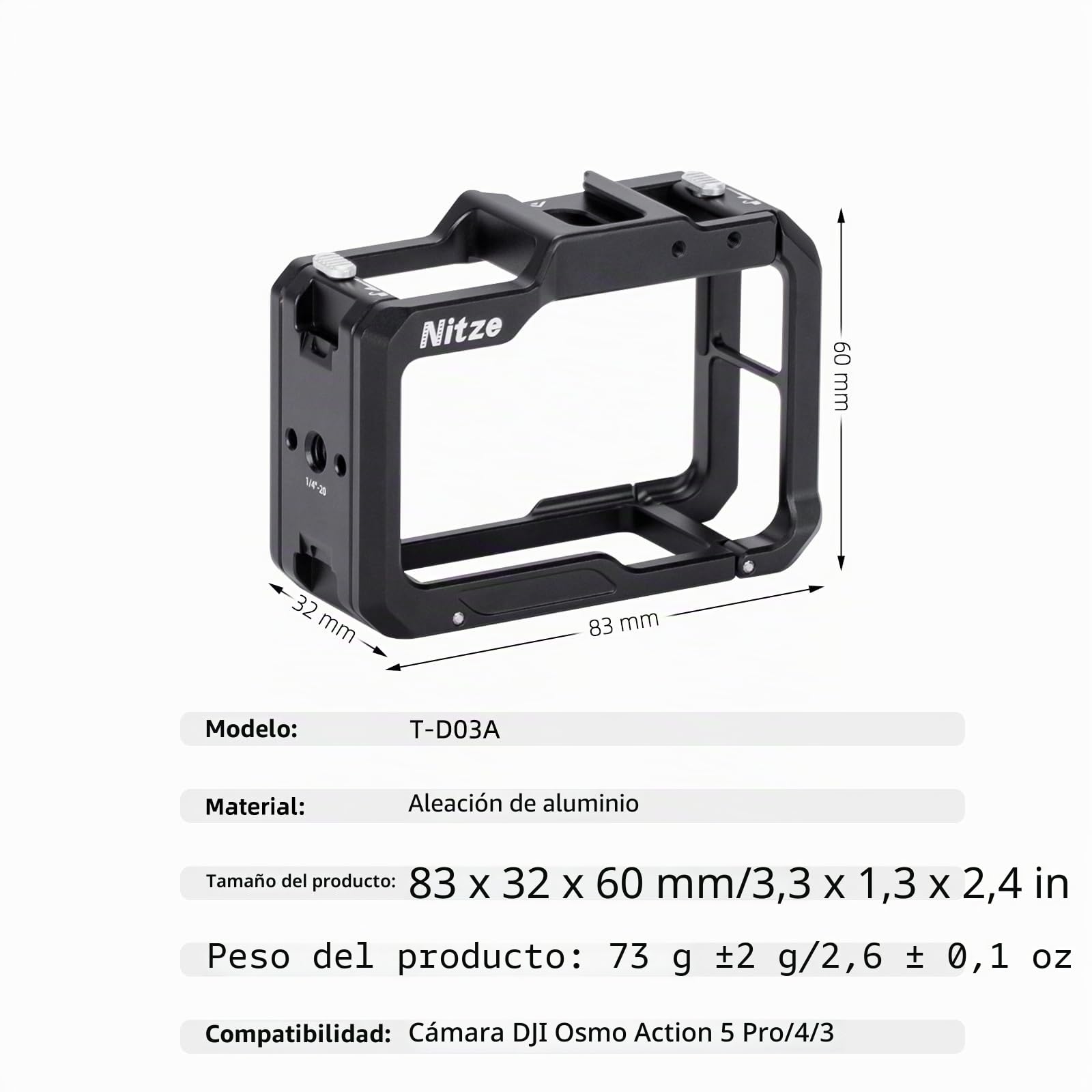 Nitze Jaula para DJI Osmo Action 5 Pro, Action 4, Action 3, jaula de metal de aluminio con interfaz magnética, orificio de rosca de 1/4", zapata fría para micrófono o luz LED de vídeo - T-D03A
