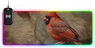 Gaming Mouse Pad, Wireless Charging RGB LED Extended DEST Mat Personalized Pattern (Red Bird Map) with 14 Light Effects for Desk