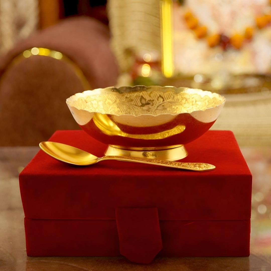 Tarang Arts Luxury Gold Plated Dry Fruit Bowl with Spoon & Velvet Gift Box | Premium Decorative Serving Bowl for Pooja, Wedding, Diwali, Housewarming & Return Gifts | Festive Home Decor Gift Item 2