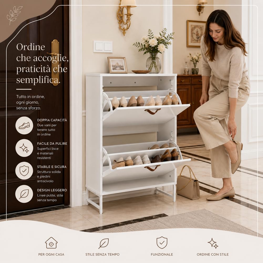 Shally Dogan Scarpiera 2 Ante Ribaltabili con Doppio Fondo, Mobile Porta Scarpe Bianco Salvaspazio con Maniglie Effetto Pelle Moderno, Ideale per Ingresso, Camera da Letto, Soggiorno, 63 x 24 x 90 cm