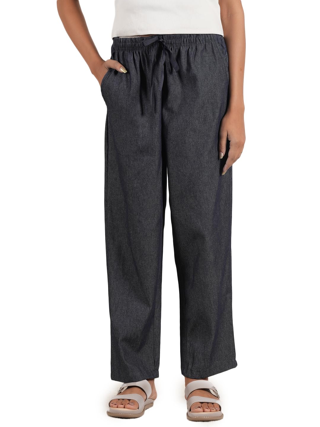 Women’s Pure Cotton Woven Pyjama | Mid Rise Relaxed Fit Elasticated Drawstring Waistband & Side Pocket | Comfortable Lounge, Sleepwear & Casual Bottom Wear(PY-88360DENIM)-picture-24