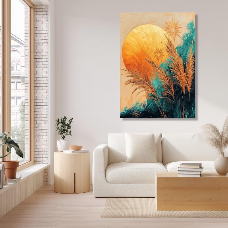 Tableau sur toile soleil doré et feuilles de palmier déco murale abstraite 60x80cm