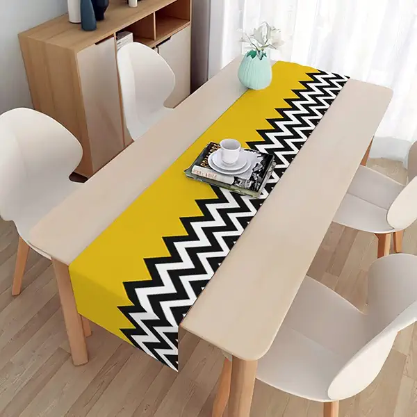 Wedding Table Runner, Linen Wavy Pattern Table Runner Wedding Table Picnic Kitchen (Yellow Black, 13 x 150 cm)