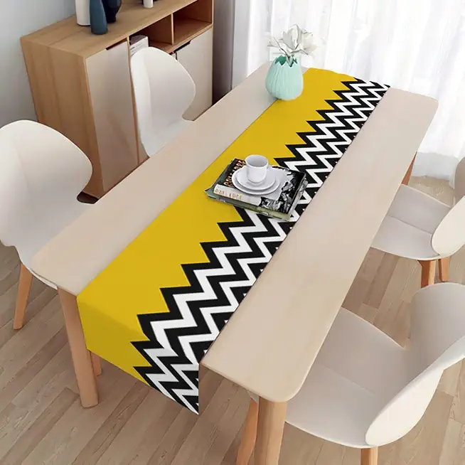 Wedding Table Runner, Linen Wavy Pattern Table Runner Wedding Table Picnic Kitchen (Yellow Black, 13 x 150 cm)