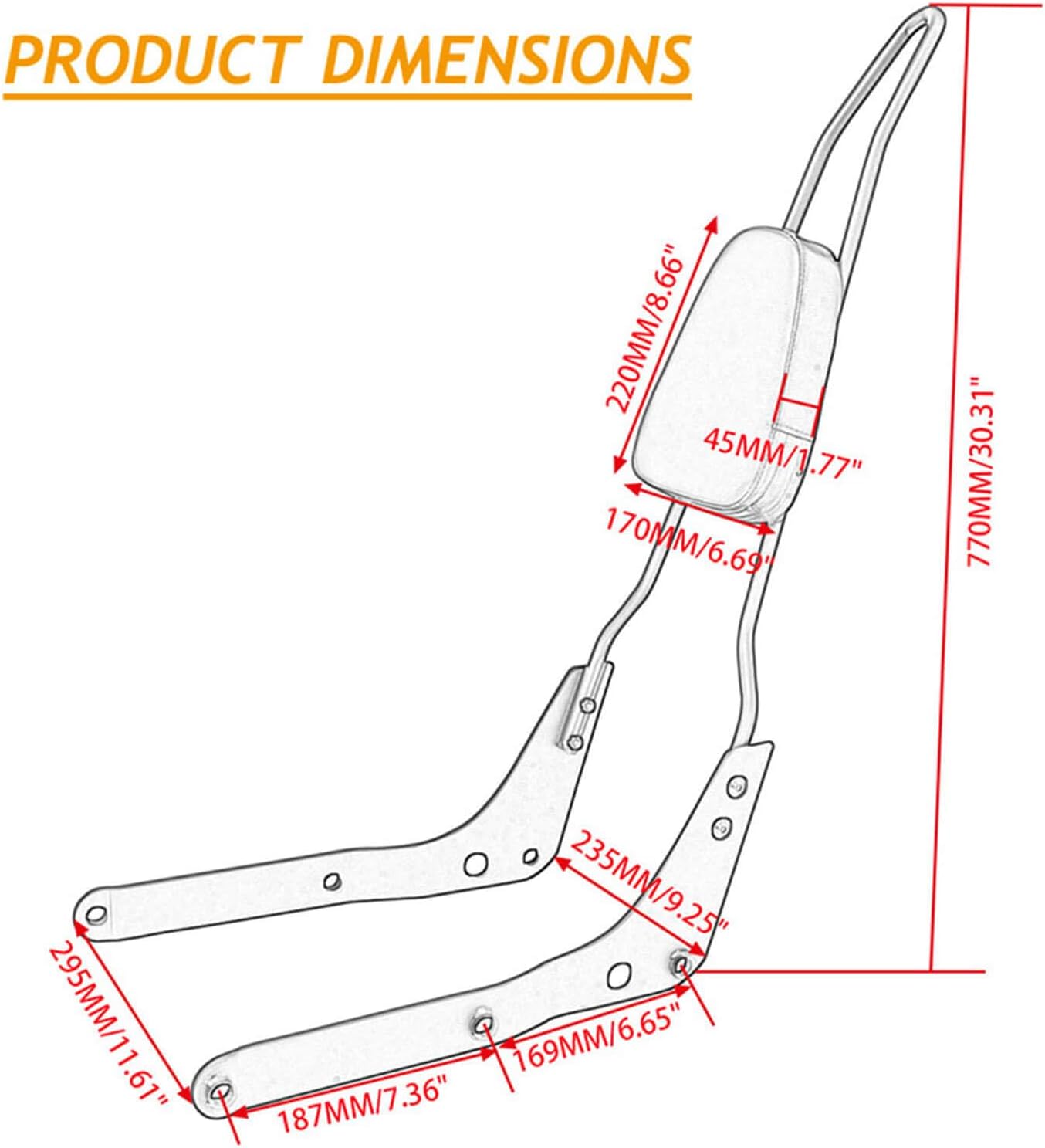 Passenger Sissy Bar Rear Backrest Pad for Honda Shadow Aero 750 VT750C 2004-2023, Chrome
