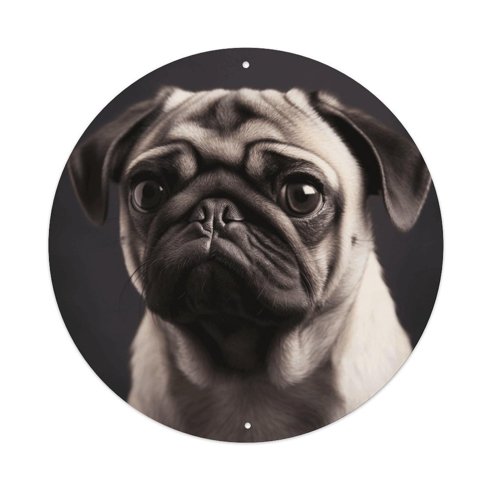 LZQPOEAS Pug Round Aluminum Wall Art Sign, Metal Indoor Wall Decor with Holes, Durable Circular Aluminum Plaque for Home, Bar, Cafe, Living Room, And Office Decoration