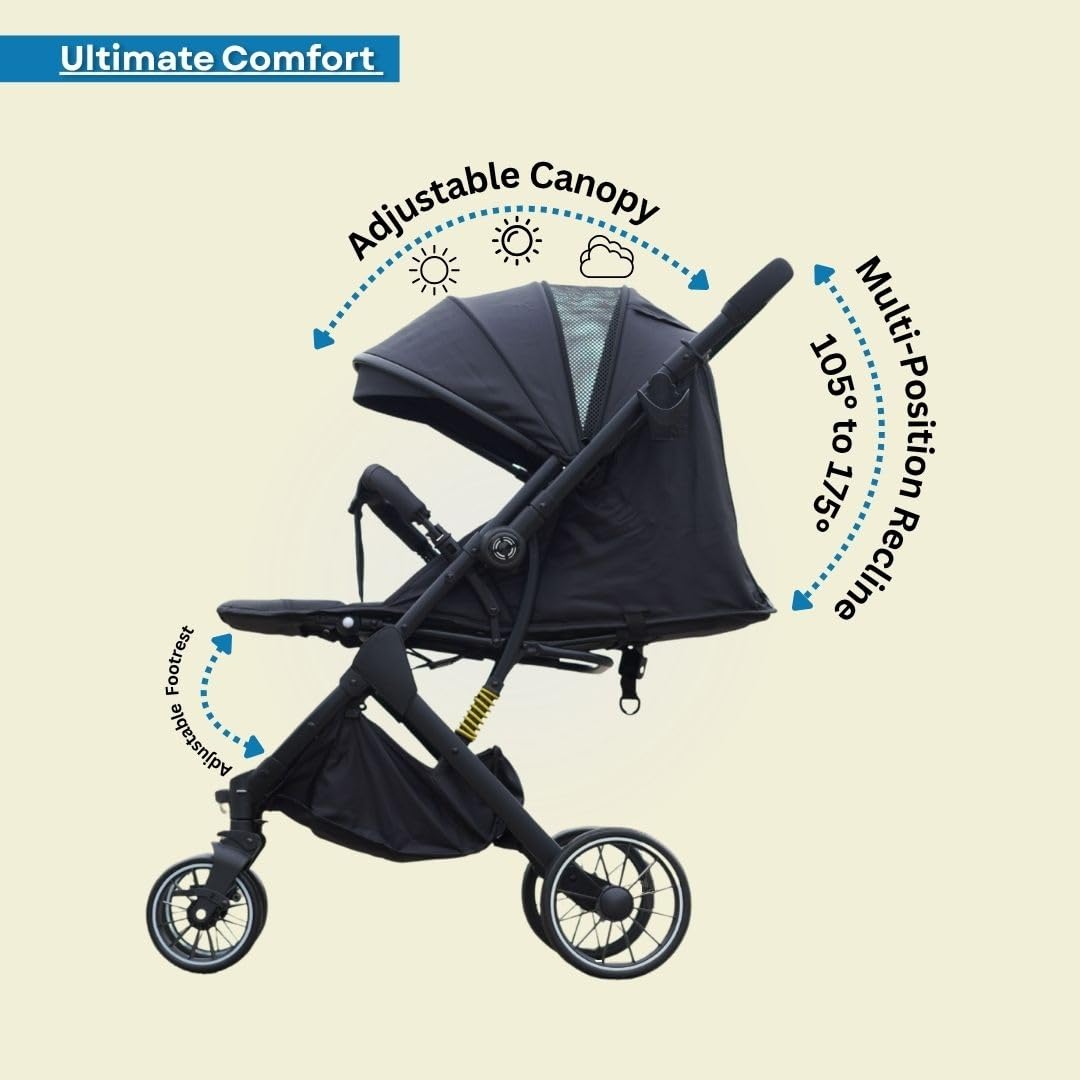 Chipzzie Travel Mate Premium Baby Stroller Pram β Reversible Handle, One-Hand Fold, Full Recline & Suspension | All-Terrain Large Wheels, Travel-Friendly | 5-Point Harness for Newborns to Toddlers 0-3 years (Black) 1