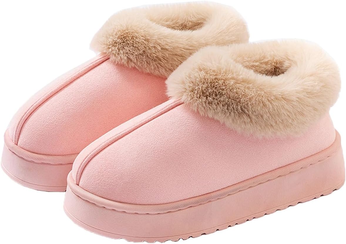 – Fuzzy Collar Warm Shoes for Women Men, Non-slip Fluff Fleece Closed-back Winter Slippers, Faux Wool Outdoor Indoor Boots