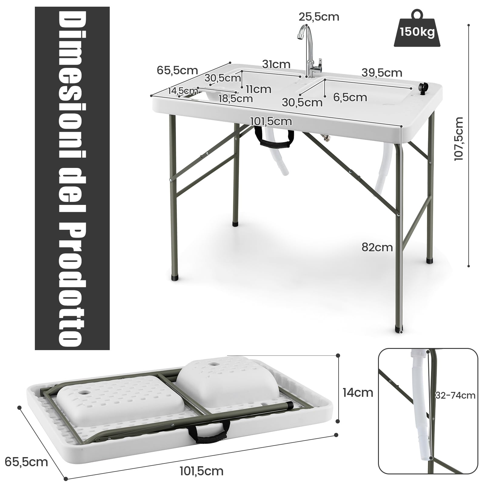 GYMAX Tavolo Portatile per la Pulizia del Pesce, con 2 Lavandini e Rubinetto Girevole, in Acciaio e HDPE, per Campeggio, Pesca, Picnic, Portata 150 kg, 101,5 x 65,5 x 107,5 cm