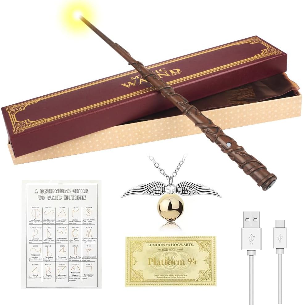 WDKXCN Hermione Granger Wand, 38CM Hermione Wand Light Up, USB Charging Hermione Glow Wands, Magic Hermiones Granger Wands in Gift Box with Spell Card, Station Ticket and Necklace
