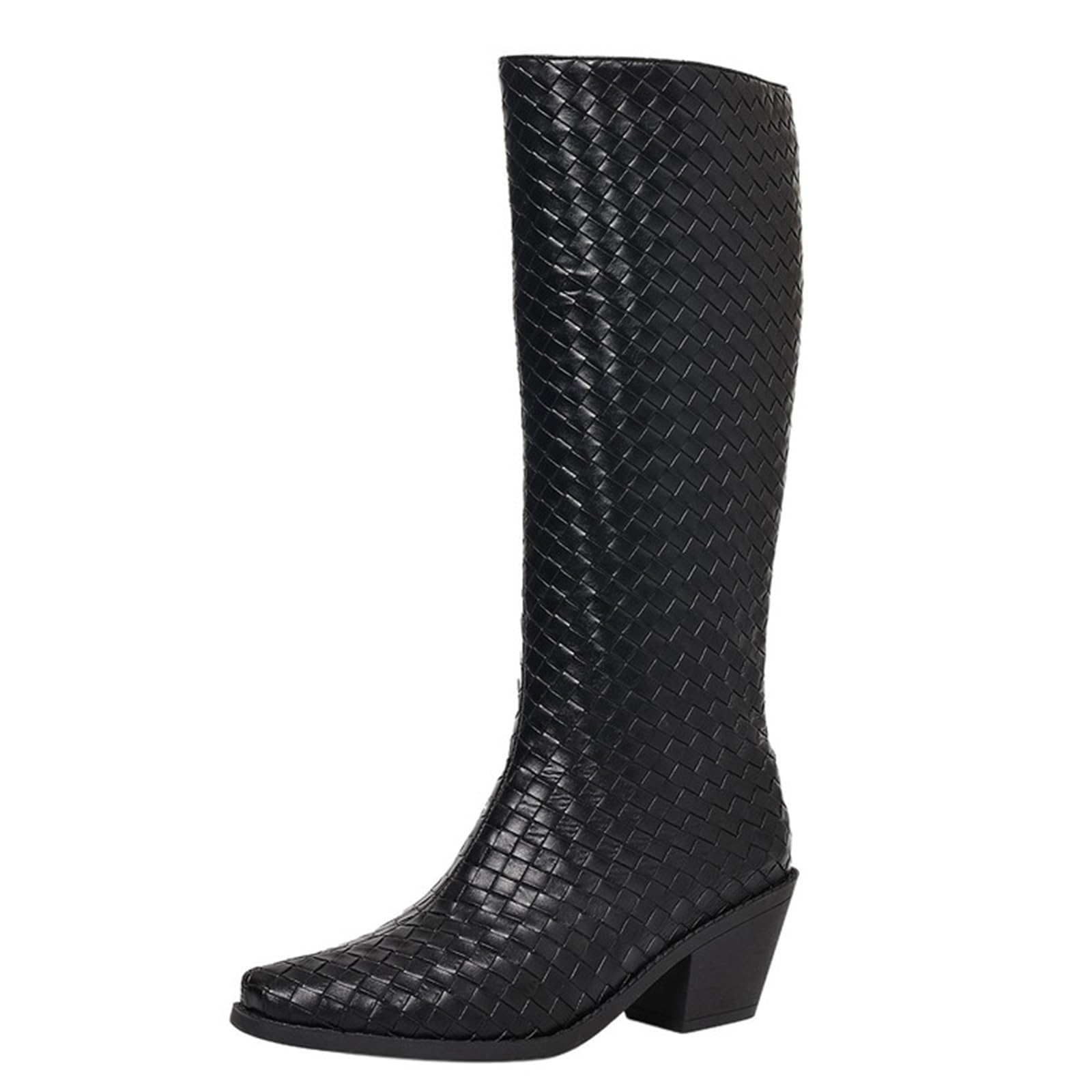 Womens Knee High Boots Chunky Low Heel Weave Square Toe Tall Boots Pull on Western Cowboy Booties