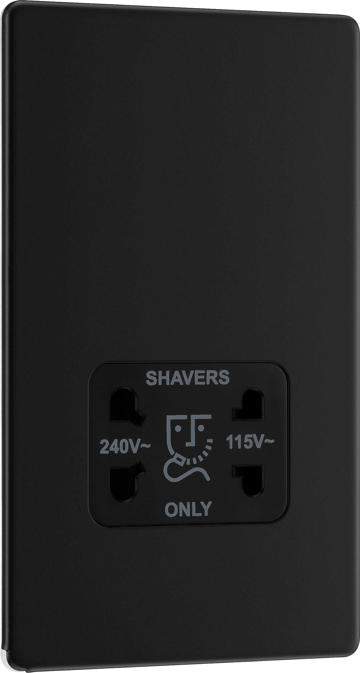 BG Electrical Dual Voltage Shaver Plug Socket, Electric Toothbrush Charger Socket for Bathrooms, Screwless Front Plate, Premium Flatplate, 2-Pin, Matt Black, 115V / 240V, FFB20