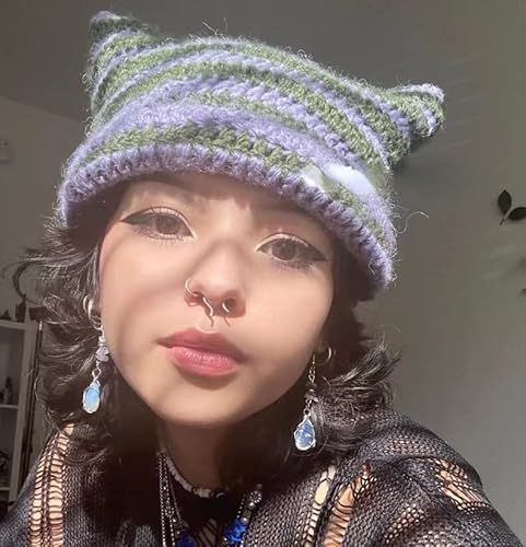 Women Girls Boys Teens Cute Cat Kitty Ears Hats, Winter Warm Knitted Stripe Grunge Accessories Slouchy Headgear (Black Stripe,One Size) #TOP2
