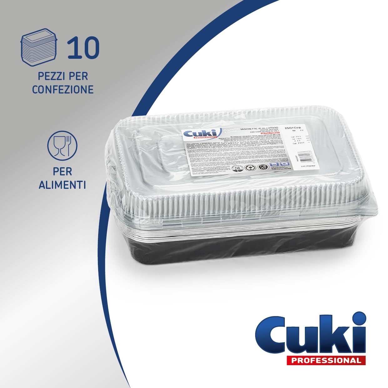 vaschette alluminio con coperchi ultra-forza, 6 porzioni, laccate, cm29x19xh4 , 1 confezione da 10 pezzi, monouso per forno, microonde, frigo, cottura, conservazione