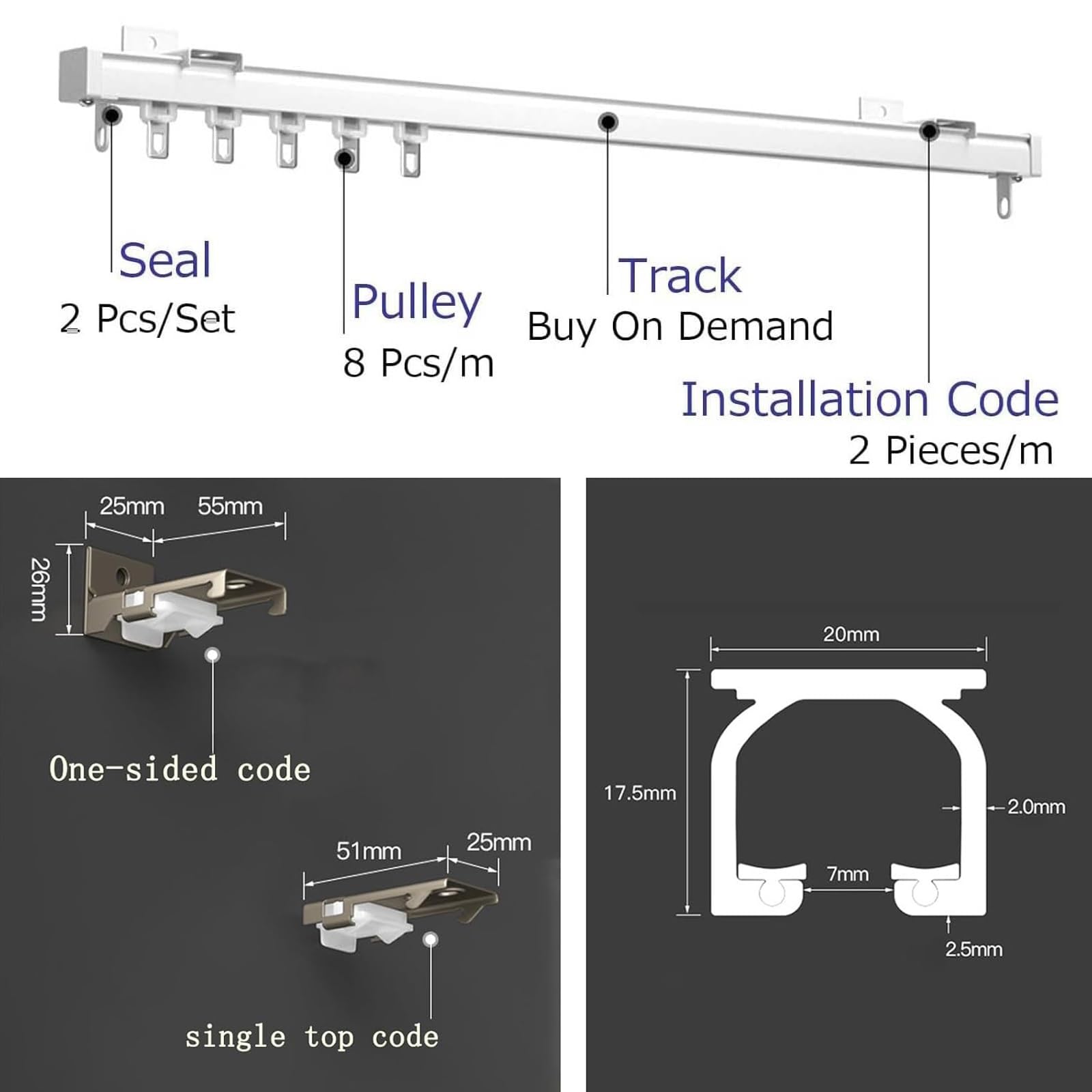 Rail de rideau de plafond en aluminium – Rails muraux durables et silencieux pour camping-cars et baies vitrées, design carré robuste, 90 cm de long, finition blanche