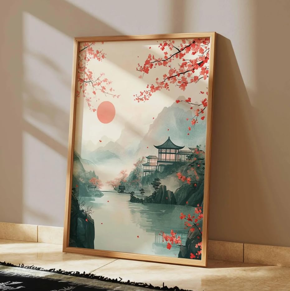 Póster de flores de cerezo THeirmoN, lienzo vintage zen para sala de estar, 40x60cm sin marco