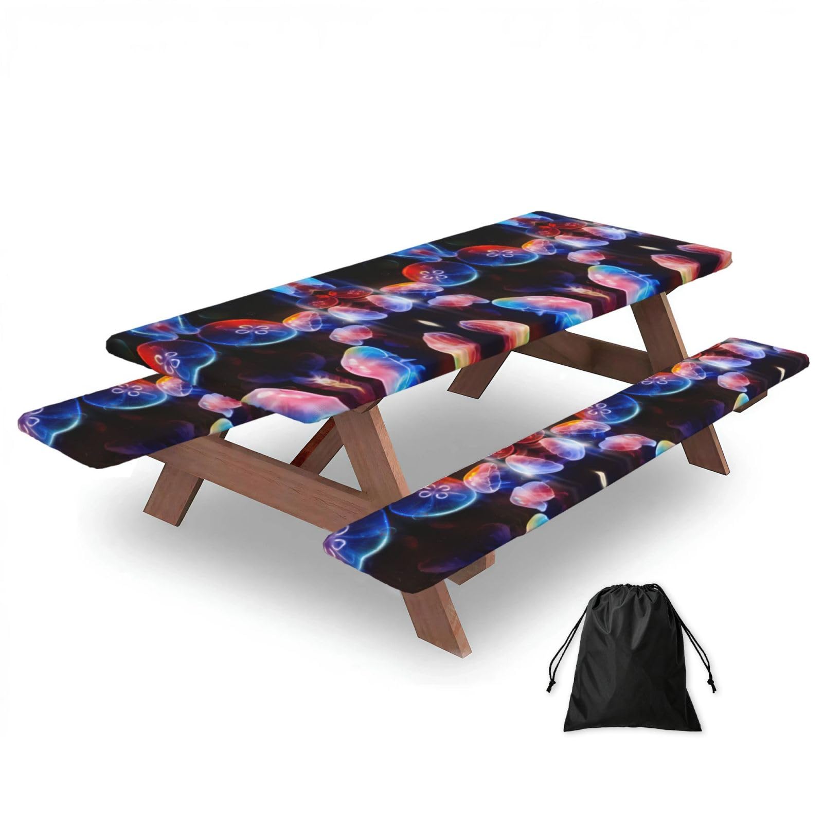 Zyjhyy Black Colorful Jellyfish Print 3 Pack Wipeable Picnic Bench Cover And Table Cover Lightweight Table Cloth For Camping Outdoor