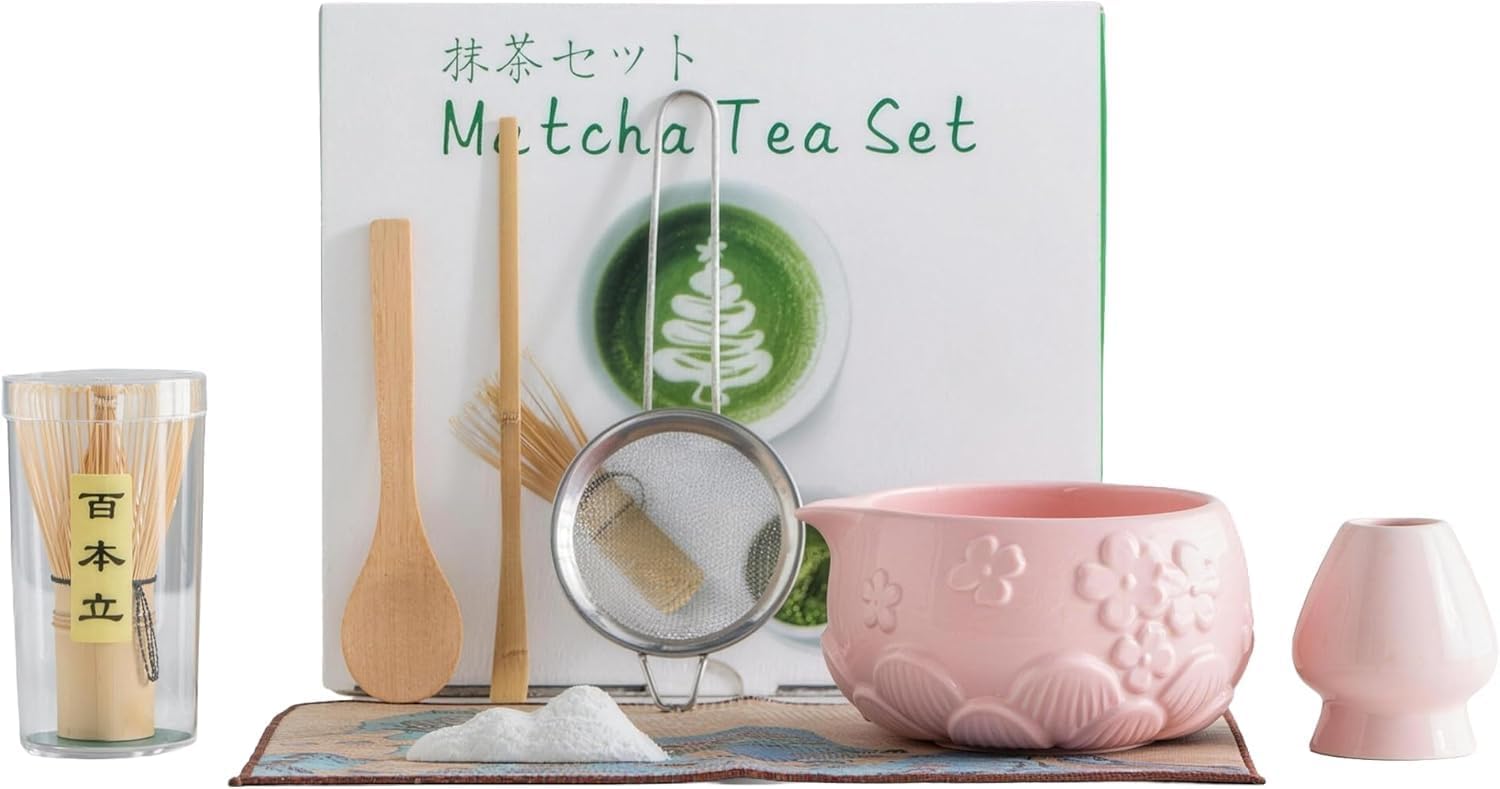 8-Piece Matcha Kit with Bamboo Whisk, Wooden Spoon, Measuring Scoop, Sifter, Bowl, Whisk Holder, Spoon Rest & Tea Cloth – Traditional Matcha Set for DIY Tea Ceremony (Gradient yellow)