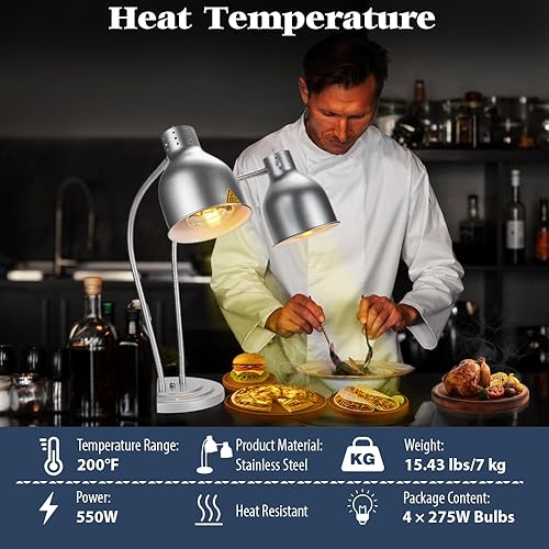 Miniatura 8 de Lámpara de calor para alimentos, calentador eléctrico portátil de 550 W, 4 bombillas incluidas, calentadores de alimentos de doble cabezal de acero