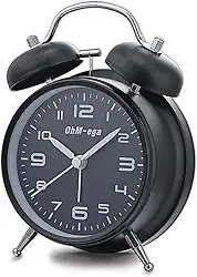OhM-ega Despertador duplo com sino alto para pessoas com sono pesado, movimento silencioso, luz de fundo, despertador à moda antiga operado por bateria para quarto, 10 cm, preto