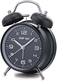 OhM-ega Despertador duplo com sino alto para pessoas com sono pesado, movimento silencioso, luz de fundo, despertador à moda antiga operado por bateria para quarto, 10 cm, preto