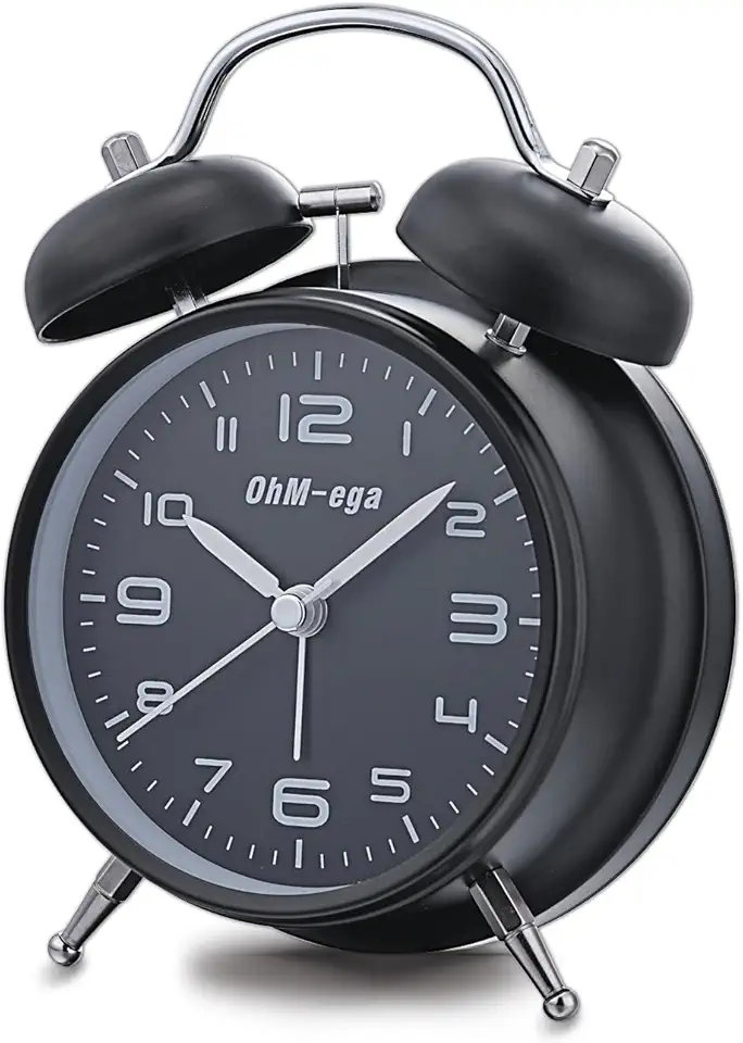 OhM-ega Despertador duplo com sino alto para pessoas com sono pesado, movimento silencioso, luz de fundo, despertador à moda antiga operado por bateria para quarto, 10 cm, preto