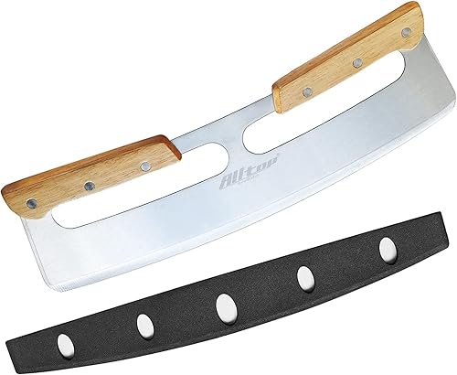 Miniatura 8 de ALLTOP Cortador de pizza, cuchillo de hoja de acero inoxidable con doble mango de madera y cubierta de plástico, rebanadora/picadora de pizza
