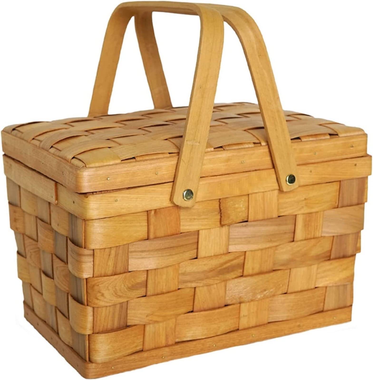 AADECOR Cestino da Picnic in Legno Intrecciato a Mano Cestino Intrecciato con 2 Maniglie e Coperchio oscillanti, Cesto Grande Vuoto per Picnic, Esterno, Campeggio, Famiglia, Feste,A