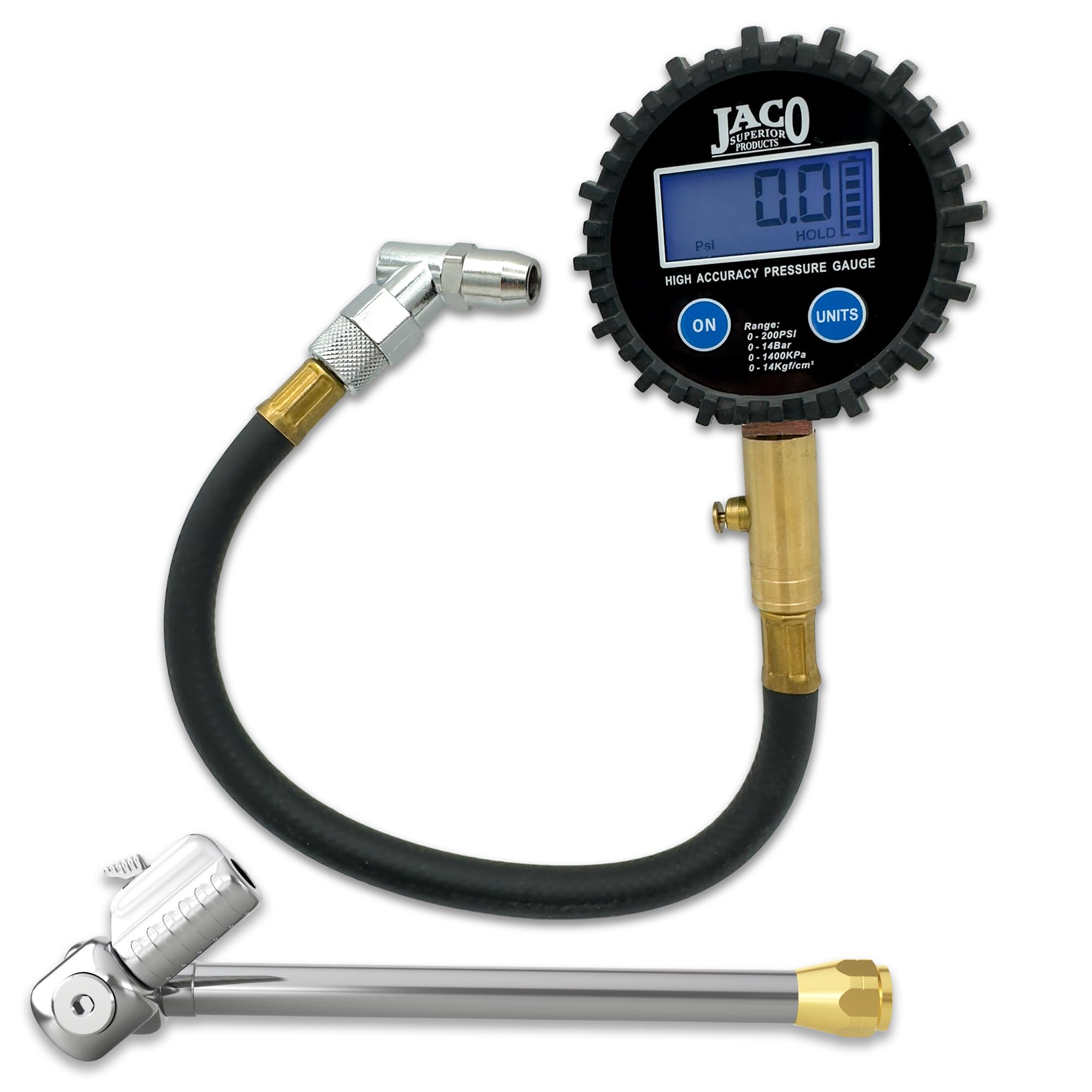JACO ElitePro Digital Tire Pressure Gauge with Lightning T-Series Tire Air Chuck - 200 PSI | Dually Tire Pressure Gauge
