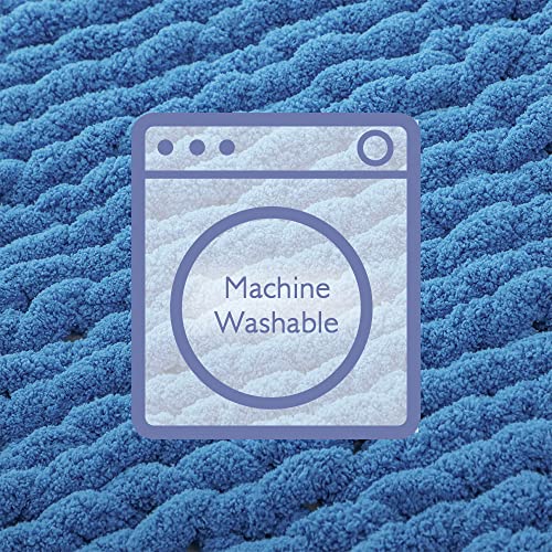 Bigacogo Chunky Knit Throw Blanket for Couch, 40x80 inches, 100% Hand Knitted with Thick Jumbo Chenille Yarn, Cozy Soft Large Rope Knot Cable Crochet Blankets for Sofa Bed Living Room, Bright Blue
