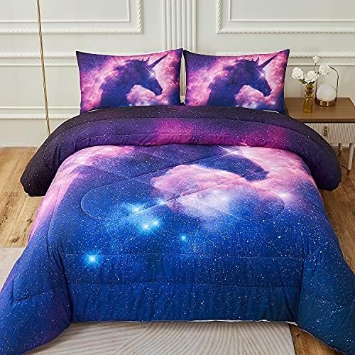 Namoxpa Galaxy Unicorn Kids Bedding Comforter Sets Psychedelic Space Pink Purple Unicorn Comforter Sets for Teens Girls and Boys,Twin Size