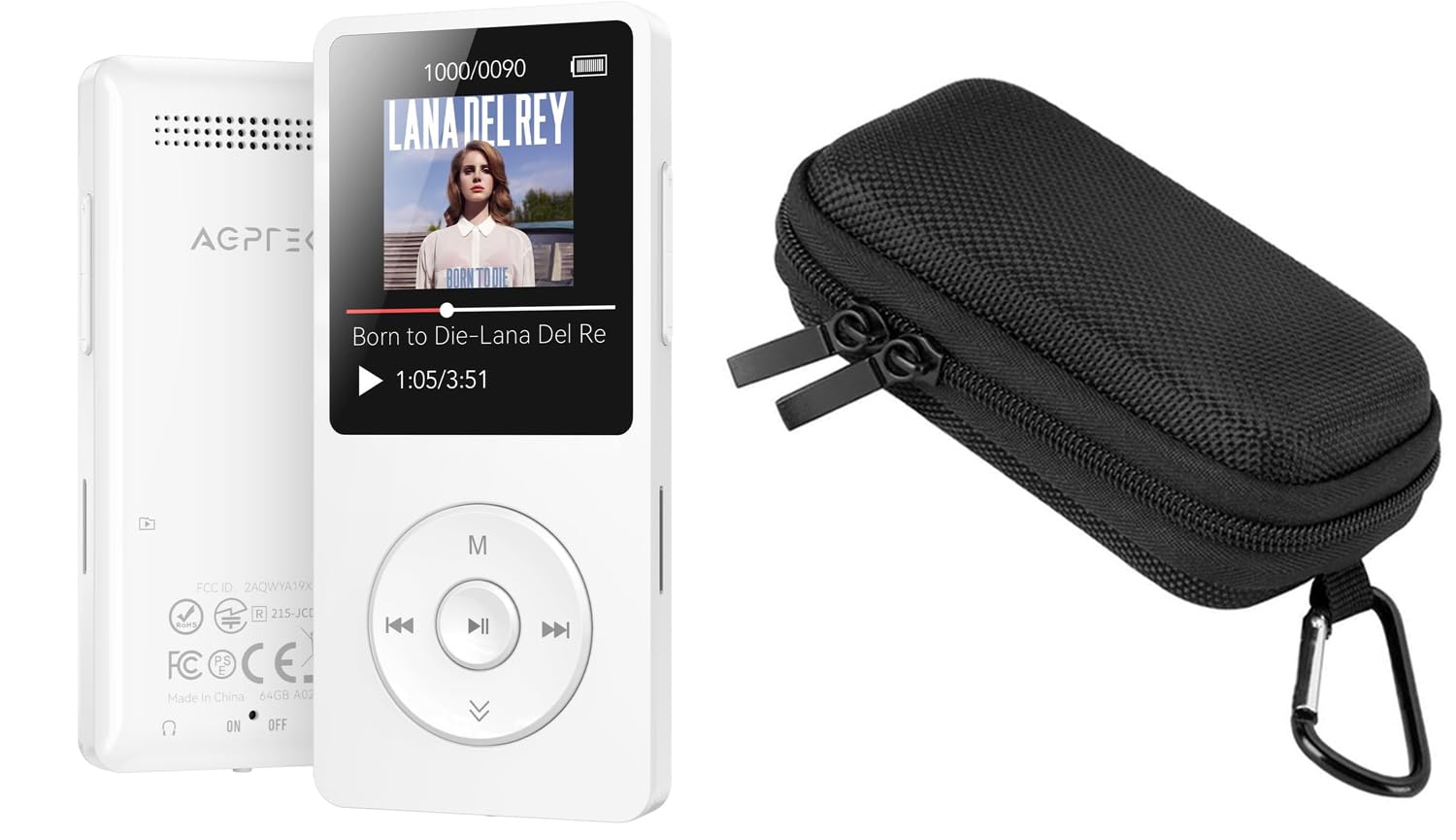 64GB Reproductor MP3 Bluetooth 5.3 con Caja, AGPTEK MP3 Player, Reproductor MP3 Deportivo Portátil, 1.8" Pantalla de 70H de Reproducción, MP3 de Niños Radio FM, Blanco