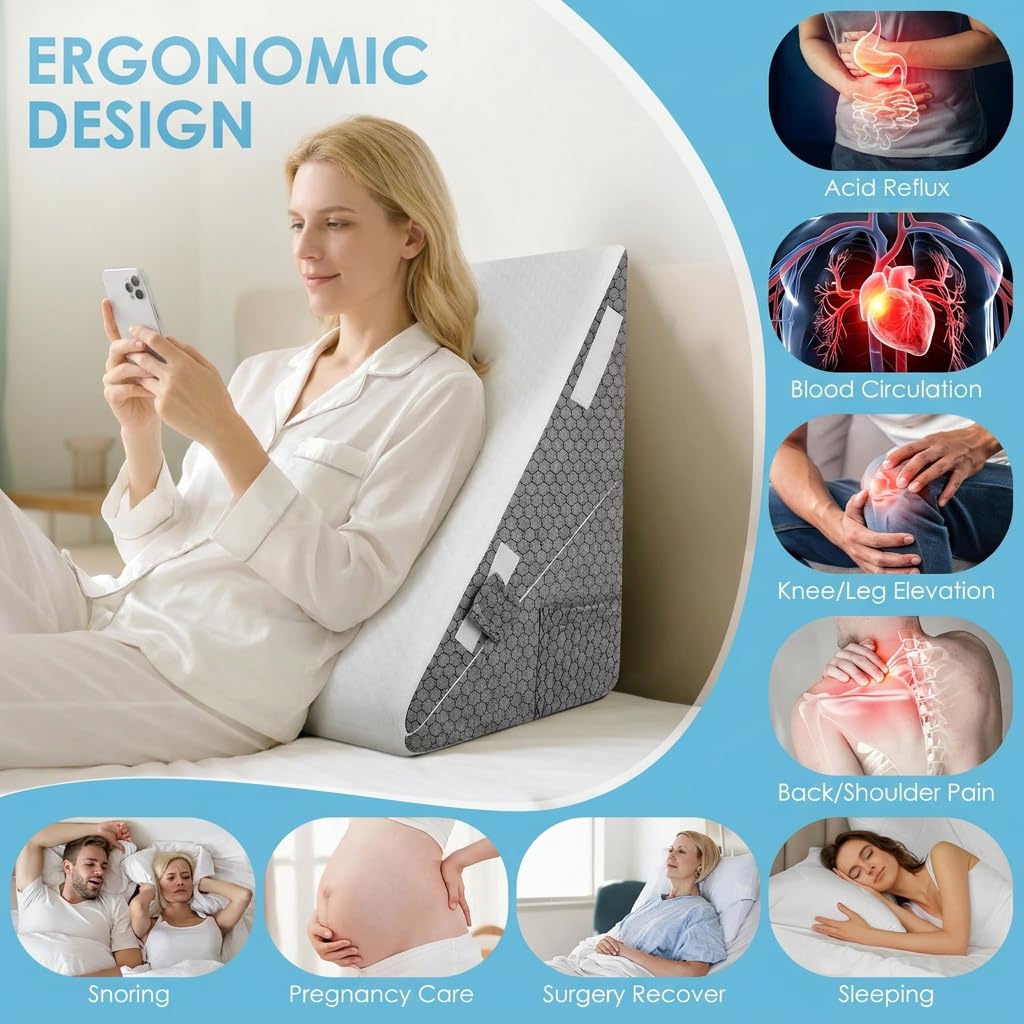 Cuscino a cuneo per testiera del letto, cuscino triangolare in memory foam, con borsa e maniglia per il trasporto, lavabile, per divano, letto, lettura, supporto per collo, schiena, spalle
