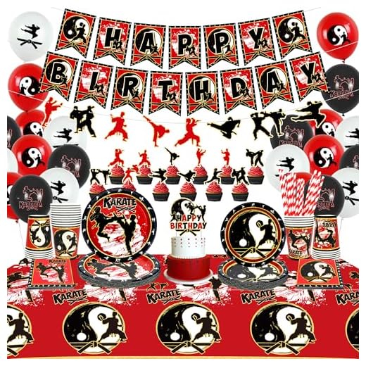 Obussgar Decoraciones de fiesta de cumpleaños de karate - Accesorios para fiestas de karate incluyen platos, tazas, servilletas, adornos para tartas, globos, manteles para decoración de fiestas
