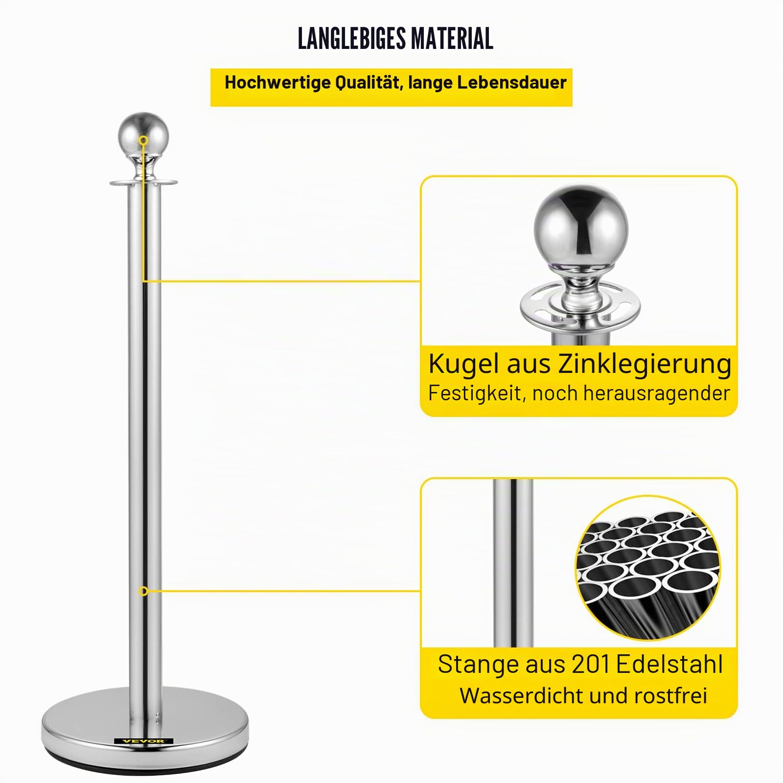 VEVOR Edelstahl Absperrpfosten Seil Abgrenzungsständer Kugelkopf 2 Rote Samtseile Silberne Säule 4 Packung Crowd Control Barriers