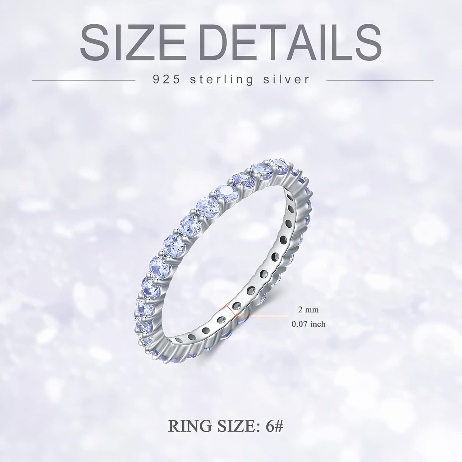 2mm Engagement Ring for Women 925 Sterling Silver Wedding Band Amethyst Full Eternity Ring for Her Ladies Women Birthday Size 6