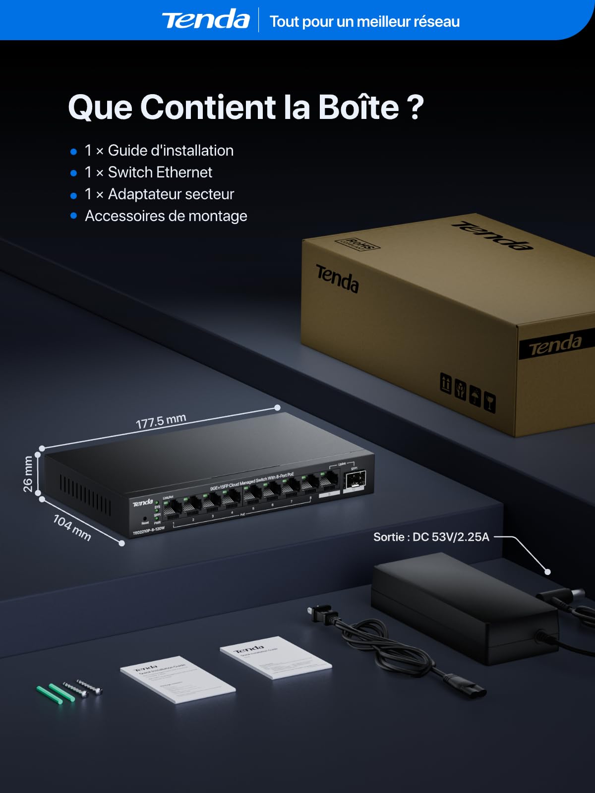 Tenda Switch PoE Gigabit Manageable 8 Ports avec RJ45 Uplink et SFP, 110W