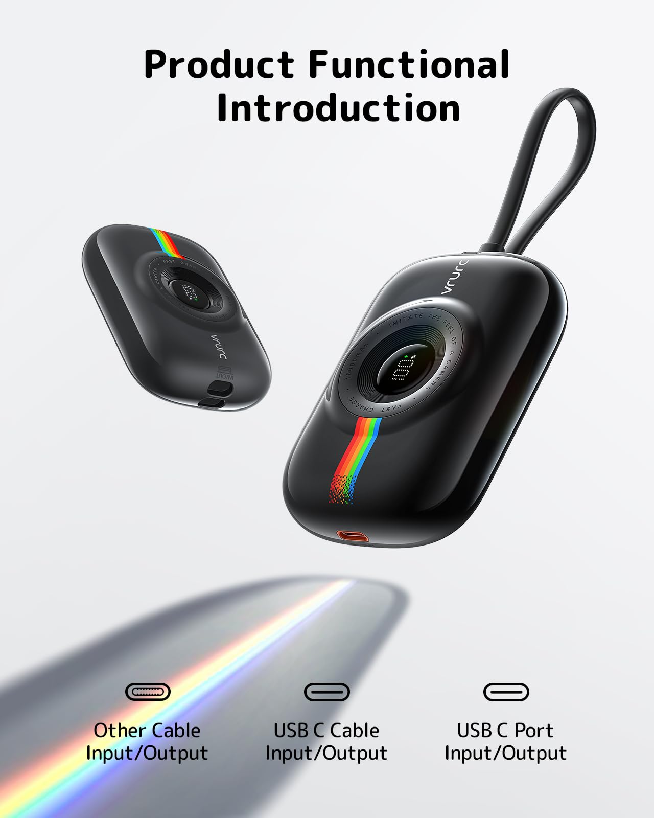 VRURC Power bank 10000mAh con cavo integrato, piccolo mini powerbank a ricarica rapida da 20 W, batteria USB C Elementi essenziali da viaggio per la maggior parte dei dispositivi smart-Nero