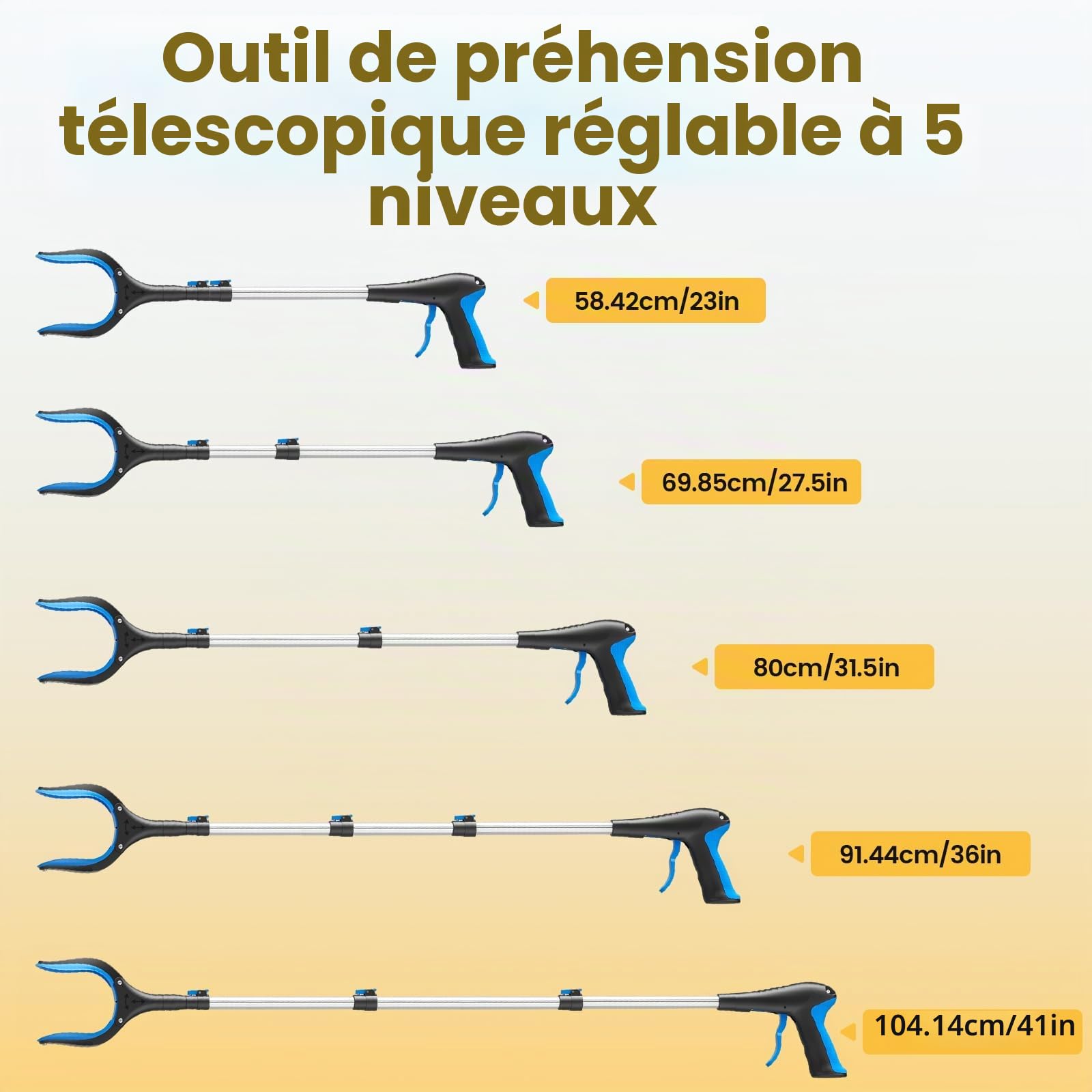 Pince Ramasse-Objet Télescopique 5 Niveaux (58-104 cm) - Ramasse Feuilles Mortes, Déchets, avec Aimant - Canne Grappin Longue Jardin, Personnes Âgées, Sans Se Baisser (Blue)