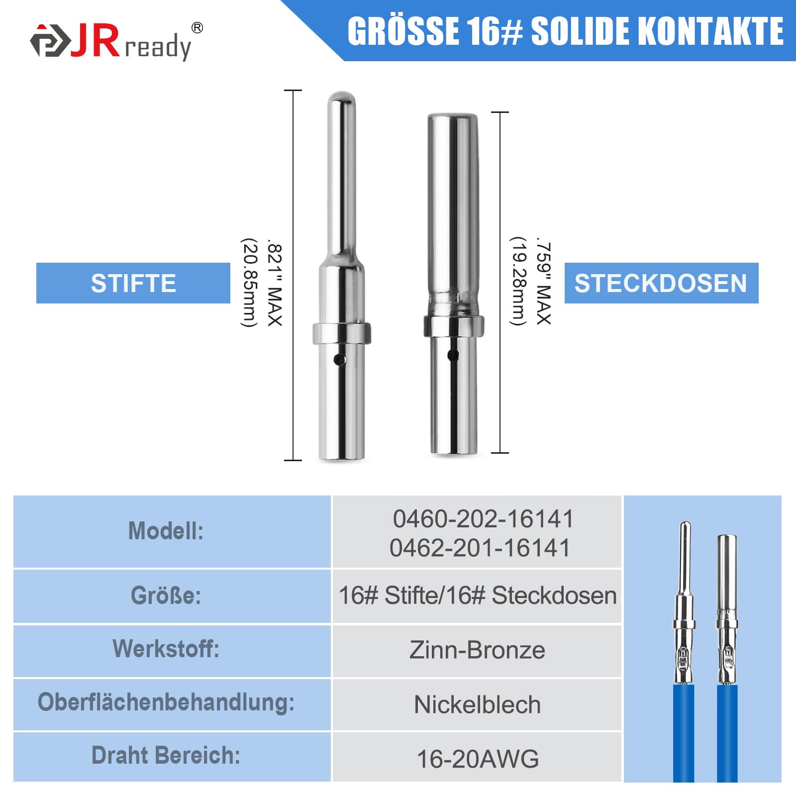JRready ST6364-050 Kit di Contatti Deutsch Dimensione 16 Pin Solido Deutsch Maschio Femmina Calibro del Filo 16-20AWG Pin Terminale Deutsch 0460-202-16141/ Zoccolo 0462-201-16141