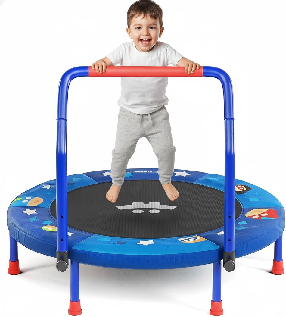 happin® 36'' mini trampoline for toddlers 1-6, foldable mini indoor trampoline for kids play with adjustable handle bar & safety pad, indoor & outdoor trampolines, kids jumper perfect toddler gifts blue and red
