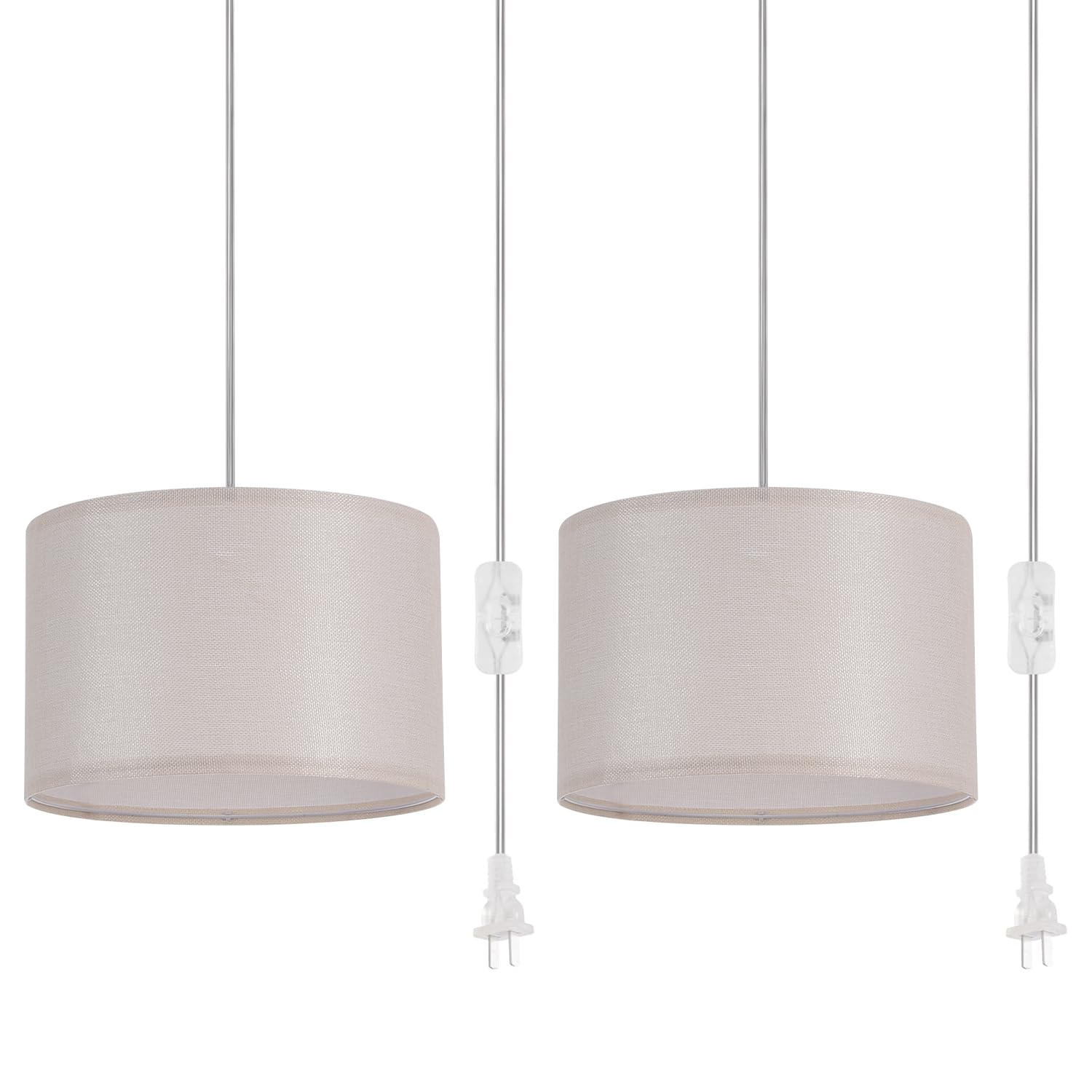 IHENGYANLT 2 Pack Plug in Pendant Light, Hanging Light with 15Ft Clear Cord, On/Off Switch, Beige Yellow Fabric Lamp Shade, Hanging Light Fixture for